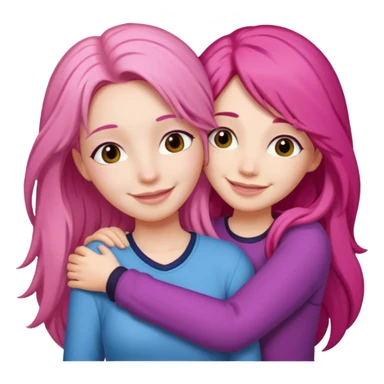 Surprisingly goofy once they open up. Strong, loyal, and incredibly supportive — but still hates wasting time. woman long pink hair hugging another woman with dark hair sticker