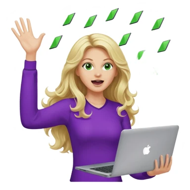 lady with long blonde wavy hair, purple top, green eyes throwing her with a laptop hands in the air screaming sticker