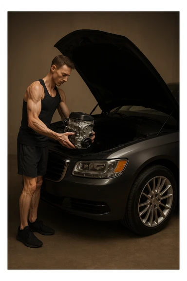 a lean, slimmed-down bodybuilder in gym clothes stands beside a large, imposing car (like an SUV or luxury sedan) with the hood open. Con attenzione e un po’ di fatica, solleva e installa un piccolo motore nel grande vano motore dell’auto. Il contrasto tra la stazza dell’auto e la dimensione ridotta sia del motore che del bodybuilder è evidente. L’atmosfera è riflessiva e simbolica. sticker