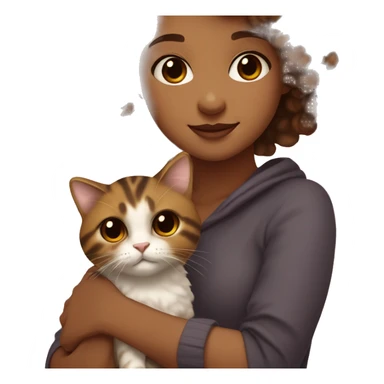 Light brown girl with short curly hair and brown eyes holding a tortoiseshell cat sticker