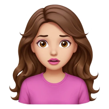 girl with long wavy brown hair, brown eyes, light to medium complexion, in a pink shirt, pink lips, long lashes, surprised sticker