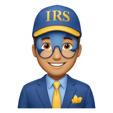 a man smiling dressed in a blue suit with a cap on that says IRS in yellow letters sticker