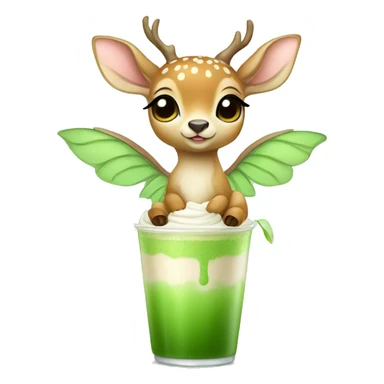 baby deer with fairy wings drinking iced matcha latte  sticker