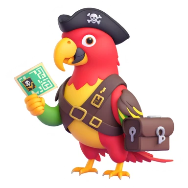 parrot with a pirate patch holding a treasure map with a QR code sticker