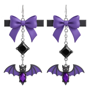 gothic earrings with deep purple satin bows, silver bat charms, black gemstone accents, luxurious and gothic, matching the choker sticker