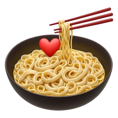 loose tangle of pale yellow cooked noodles with soft glossy texture and natural curves, strands slightly twisted and overlapping, freshly prepared dish, no bowl chopsticks or sauce, soft lighting, subtle shadows, emoji scale, make the noodles heartshaped and add tiny red hearts on the noodles sticker