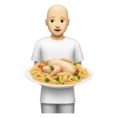 Half bald blonde boy with a dish of pasta and chicken sticker