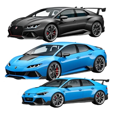 three cars lineup fromt profile forming a semi circle with a lamboghini svj an bmw m140i and a audi rs6 sticker