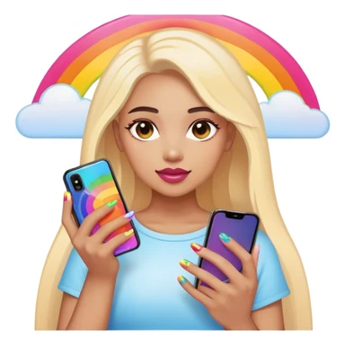 A person holding a phone with a sunset, phone, cover and with rainbow nails sticker