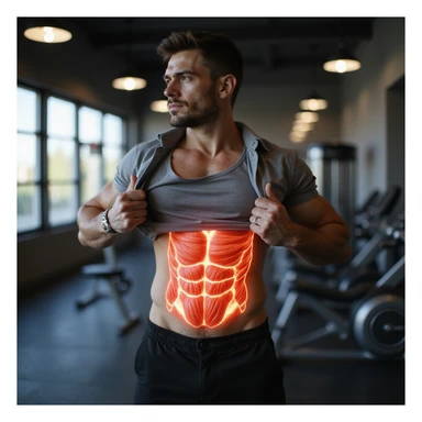 Italian man in gym, lifting his shirt to show belly; anatomical overlay showing fat reduction and muscle activation, realistic style, vertical 9:16 aspect ratio sticker