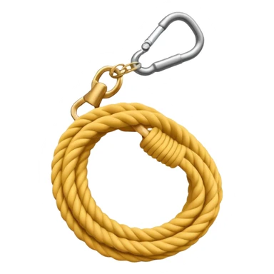 A 3D cartoon coiled climbing rope with a carabiner, golden color, resting on a rocky surface, realistic soft shadows, Memoji-style rendering. sticker