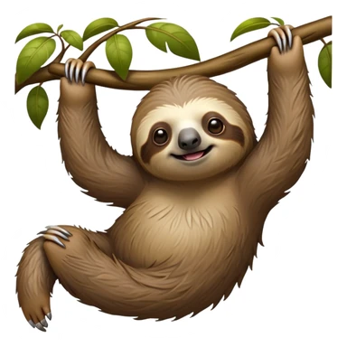 cinematic-sloth-realistic-full-body-hanging-emoji,-long-curved-claws-clinging-to-a-tree,-thick-shaggy-brown-fur-slightly-ruffled,-head-tilted-dramatically,-slow-blinking-eyes-filled-with-serene-wisdom,-simplified-yet-realistic-focused-features,-highly-detailed,-glowing-with-an-almost-sarcastic-glow sticker