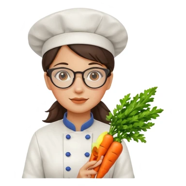 female italian chef, uniform, wearing glasses, holding carrot sticker