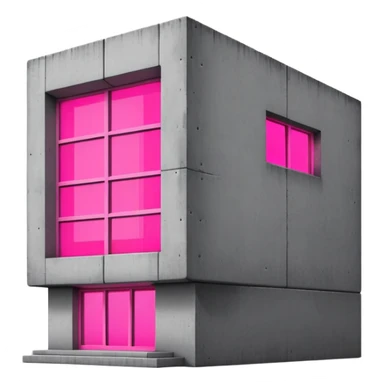 brutalist gray concrete block building with one neon pink window sticker