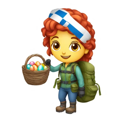 Female winter mountain climber red loose hair climbing with Greek flag on backpack and holding Easter eggs basket sticker