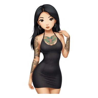 Beautiful and fit Asian girl with long black hair and body tattoos sexy pose in sexy mini black dress sfw sticker