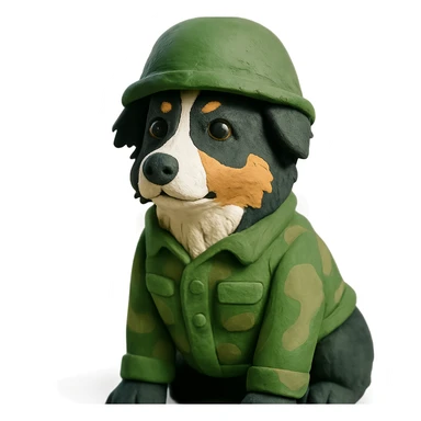 black-tri Mini American Shepherd in a camo green soldier uniform and green helmet sticker