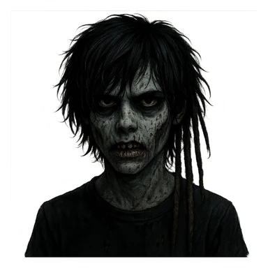 zombie boy with black shaggy medium hair and dreads, emo style, dark, spooky, creepy expression sticker