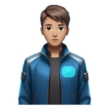 Emoji: A confident young man with short brown hair, wearing a cyberpunk-style jacket, standing next to a glowing, holographic AI assistant. The AI assistant has a sleek, futuristic design with blue neon circuits. The background is minimalistic but has a high-tech, futuristic vibe. sticker