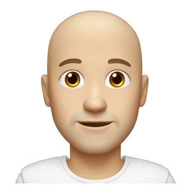 white bald man with brown eyes and a stubble sticker