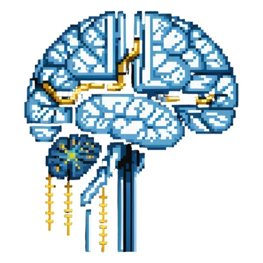 Pixel art of a pearlescent blue capsule floating in front of a brain with golden pixel pulses forming neural connections. A small liver icon nearby, all rotating in a pixelated aura of mental focus sticker