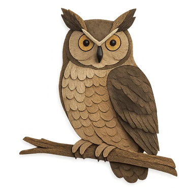 great horned owl sitting on a branch, delicate paper layers, realistic feather patterns, subtle color variations, alert posture sticker