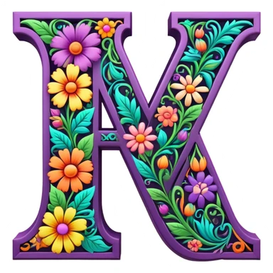 3D, gothic style psychedelic colored capital Letter N with hippie style flower border sticker