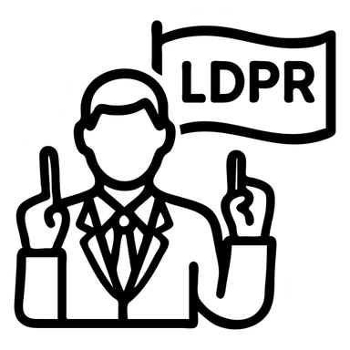 A man holding up his finger, in a suit, blue flag with yellow LDPR lettering on the back sticker