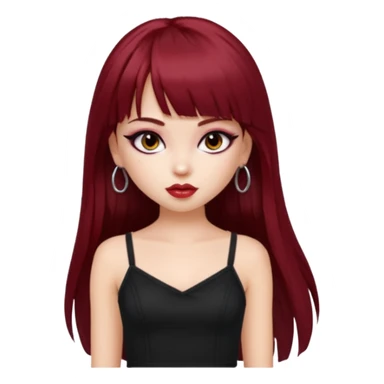 generate a pretty bratz girl in black cami top, dark red straight long hair with bangs, eyeliner on, 

 sticker