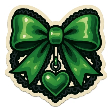 green gothic bow with black lace trim and heart charm, remove background sticker