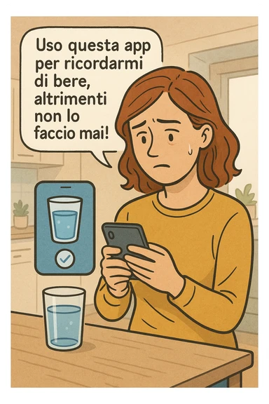 Donna che usa App per ricordarsi di bere, altrimenti non beve mai testo in italiano sticker