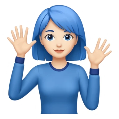Woman with medium length blue hair doing jazz hands sticker