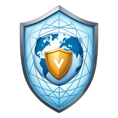 A secure VPN logo with shield, network connections and a globe sticker