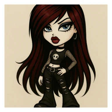 A Bratz-inspired character with long dark red emo hair, pale skin, blue eyes, heavy black eyeliner, and a bold, pretty attitude. sticker