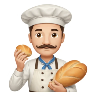 Middle aged male pastry chef - with a mustache, apron, white hat, holding bread sticker