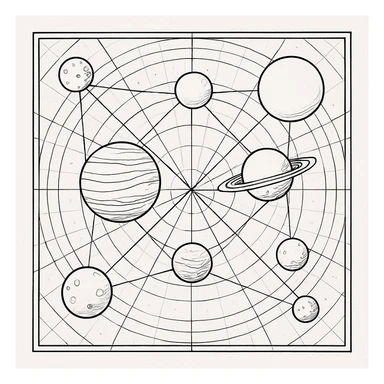 a design for an decorative black and white map, showing linework of galactic planets and a galactic ley lines. matrix map. black linework. neat and minimal design

 sticker