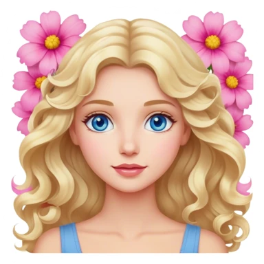 Blonde blue eyed women with wavy hair pink flower background sticker