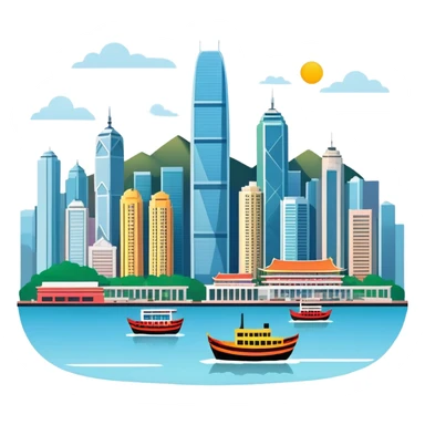 Hong Kong Victoria Harbor skyline, simplified emoji style with bold outlines and bright colors, cartoon style city view with tall buildings sticker