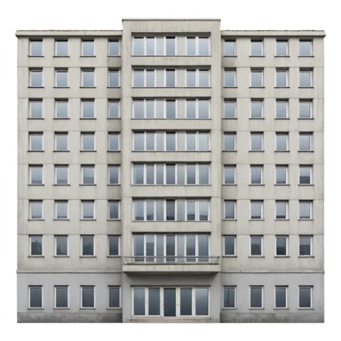 Soviet-era panel apartment building with rows of identical windows, gray concrete facade, flat roof, typical Russian multi-story residential building sticker