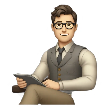 Pale skinned Fit Man With dark brown hair in gray jacket, beige office shirt, Brown pants and vintage glasses sitting In a soft chair with a notebook on spring with emblem Ψ and a pen sticker