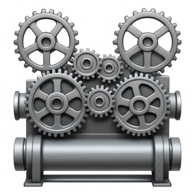 greyscale emoji-style card back, intricate interconnected machine, gears belts pipes working together seamless functional design, black white grey only sticker