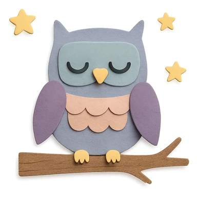 sleepy owl on a tree branch with stars, muted night palette, soft pastel colors, transparent background, paper craft style sticker
