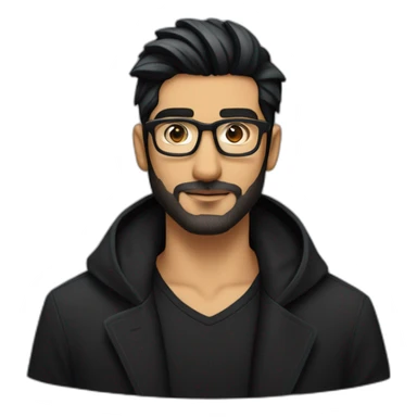 North Indian long faced white skinned male with glasses and black hair combed in front a bit and a patchy beard with patchy moustache showing up like zayn wearing a black tee black overcoat sticker