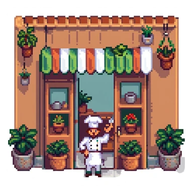 Italian restaurant with a chef waving at the door, potted plants outside in pixel art style sticker