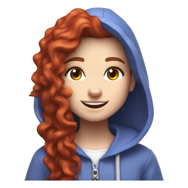 a white girl with long red curly hair and freckles, wearing periwinkle Minecraft hoodie playing a videogame smiling sticker