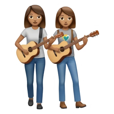 based on emoji style, like this "💁🏻‍♀️" "💁🏽‍♂️" "💁🏻", two people walking together, one is brown-haired woman, wearing business casual, holding a guitar; another one is a non-binary person, wearing t shirt and jeans, and this person doesn't have anything on their hands. they are walking together. sticker