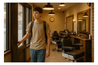 Sartaroshxonaga kirib kelayotgan o'smirin bola sartaroshxona eski ham emas yangi ham emas sticker