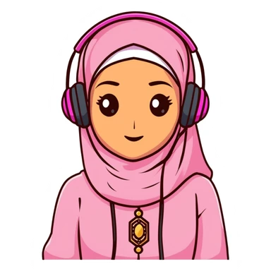 Hijabi girl, brownskin, dark brown eyes, wearing pink, wearing gold jewelry, wearing headphones sticker
