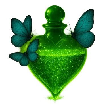 Transform the referenced image into a beautiful, realistic 3D heart-shaped bottle with a luxurious, neon green glittering liquid inside. The bottle should have a strong glowing aura, two butterflies sitting naturally on the bottle, and magical sparkling dust around it. The style must be impressive, elegant, and photorealistic. The background should be transparent (PNG). sticker