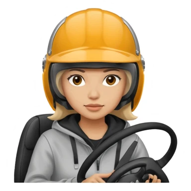 ["Light-skinned female driver, wearing a hoodie and helmet, behind the wheel."] sticker